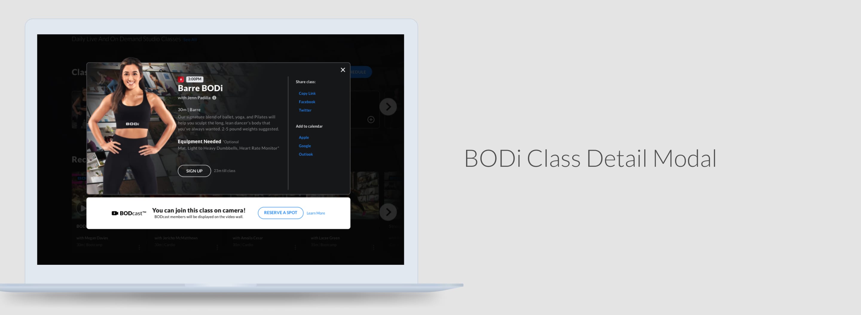 BODi class details modal with BODcast sign-up callout